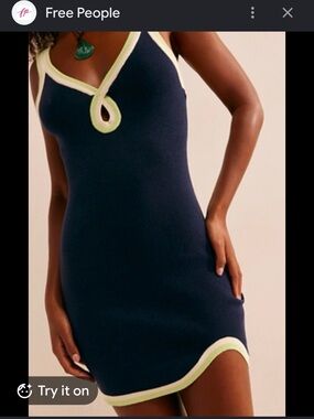 Free People Navy Knit Tank Mini Dress with Lime Trim Detail